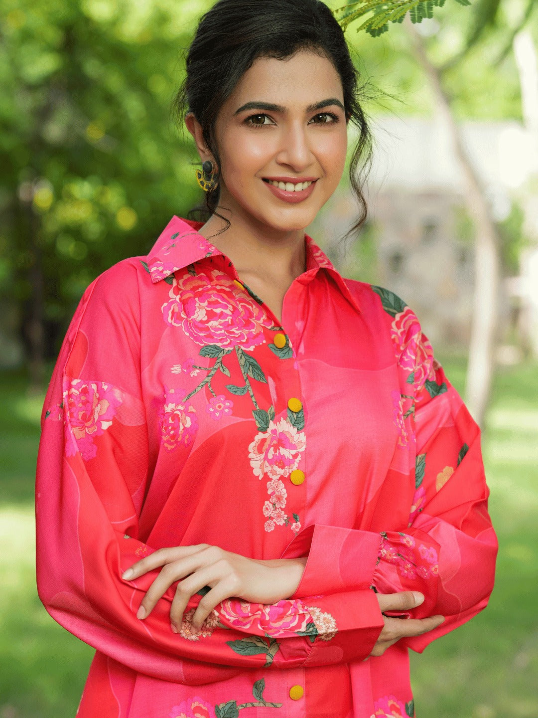 Yufta Pink Printed Shirt with Trousers Co-Ords