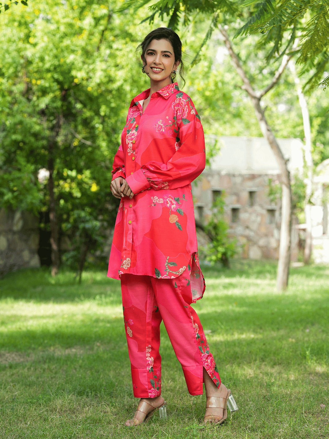 Yufta Pink Printed Shirt with Trousers Co-Ords