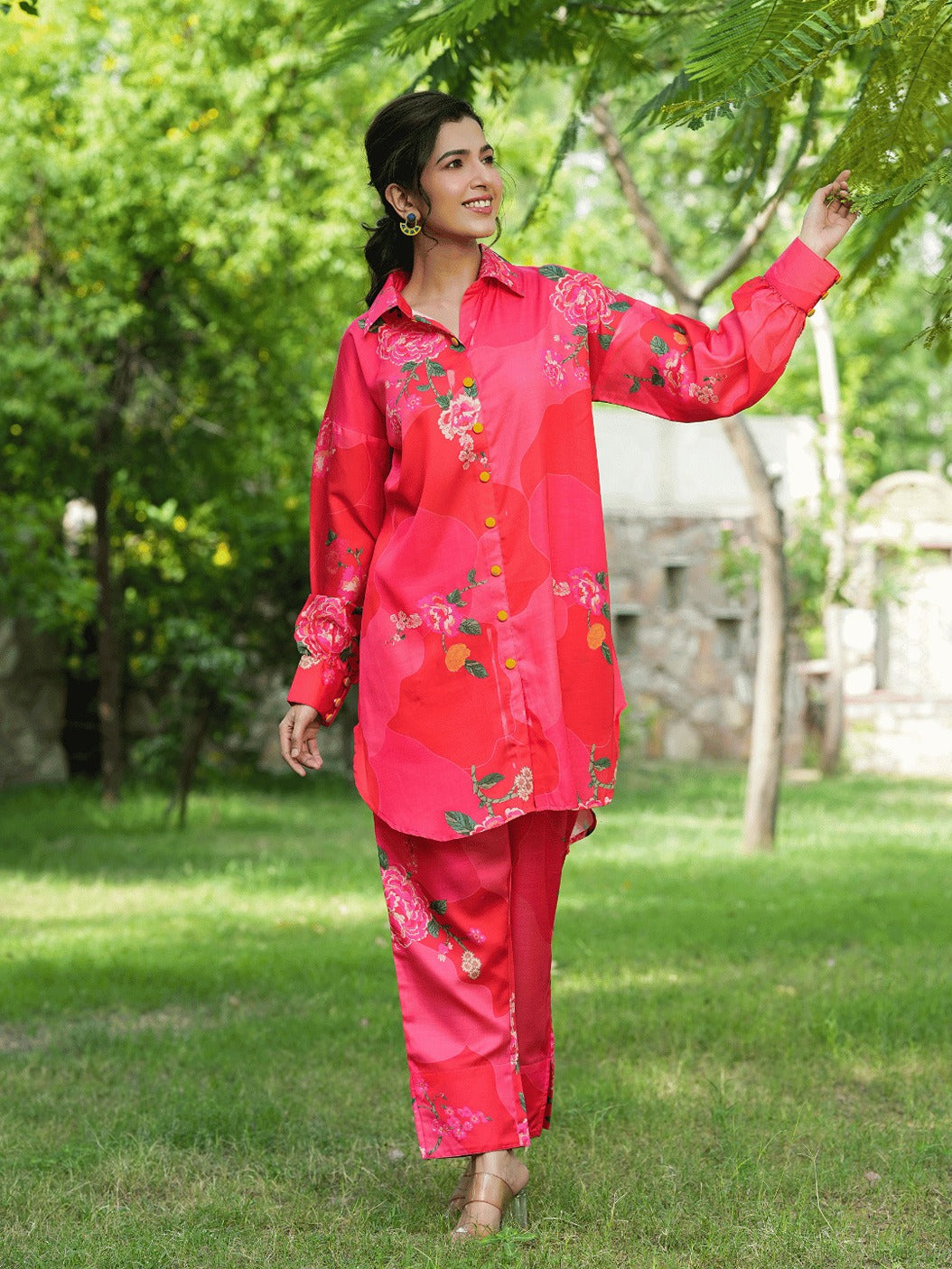 Yufta Pink Printed Shirt with Trousers Co-Ords
