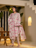 Yufta Pink Pure Cotton Floral Print Kurta With Trousers And Dupatta Set