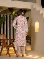 Yufta Pink Pure Cotton Floral Print Kurta With Trousers And Dupatta Set