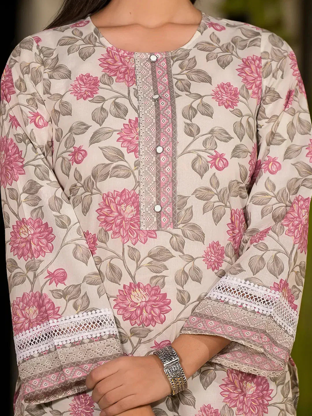 Yufta Pink Pure Cotton Floral Print Kurta With Trousers And Dupatta Set