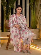 Yufta Pink Pure Cotton Floral Print Kurta With Trousers And Dupatta Set