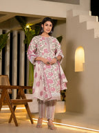 Yufta Pink Pure Cotton Floral Print Kurta With Trousers And Dupatta Set