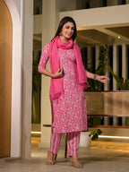 Yufta Pink Pure Cotton Floral Print Straight Kurta With Trousers And Dupatta Set
