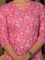 Yufta Pink Pure Cotton Floral Print Straight Kurta With Trousers And Dupatta Set