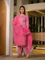 Yufta Pink Pure Cotton Floral Print Straight Kurta With Trousers And Dupatta Set