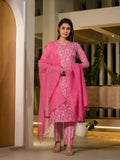 Yufta Pink Pure Cotton Floral Print Straight Kurta With Trousers And Dupatta Set