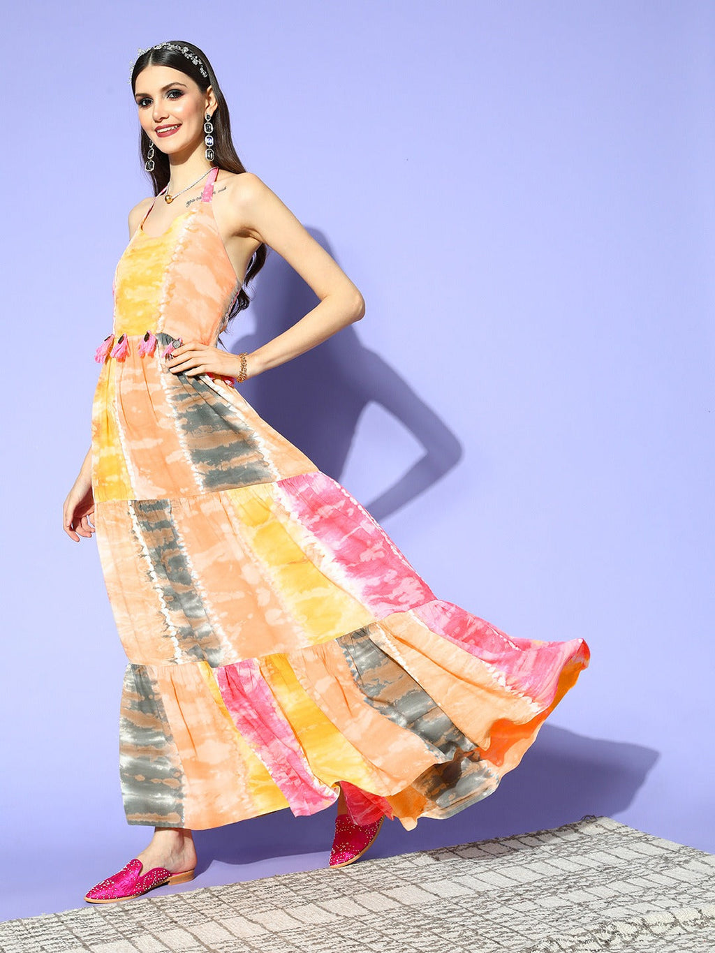 Yufta Pink & Yellow Ethnic Maxi Dress - Distacart