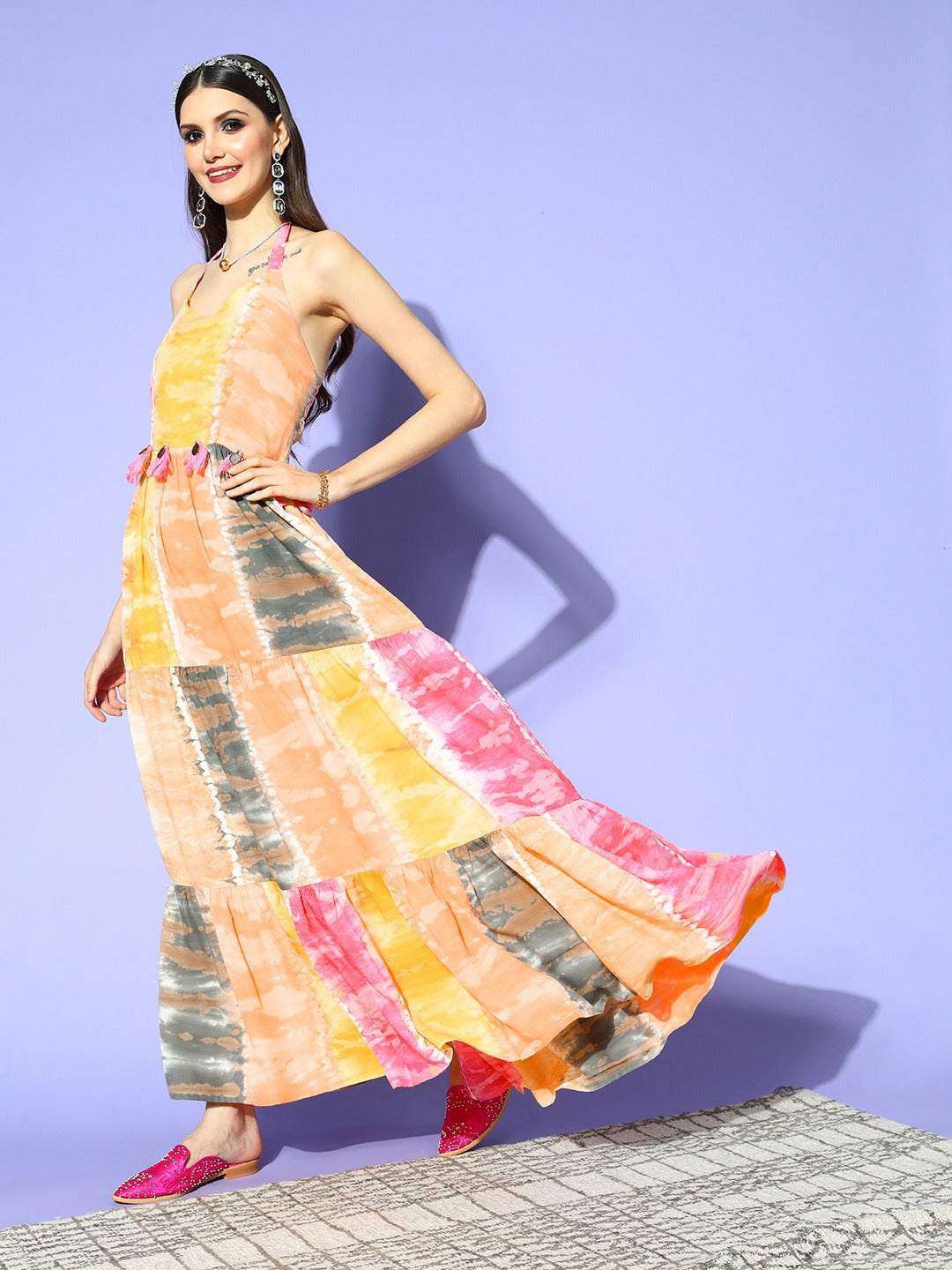 Yufta Pink & Yellow Ethnic Maxi Dress - Distacart
