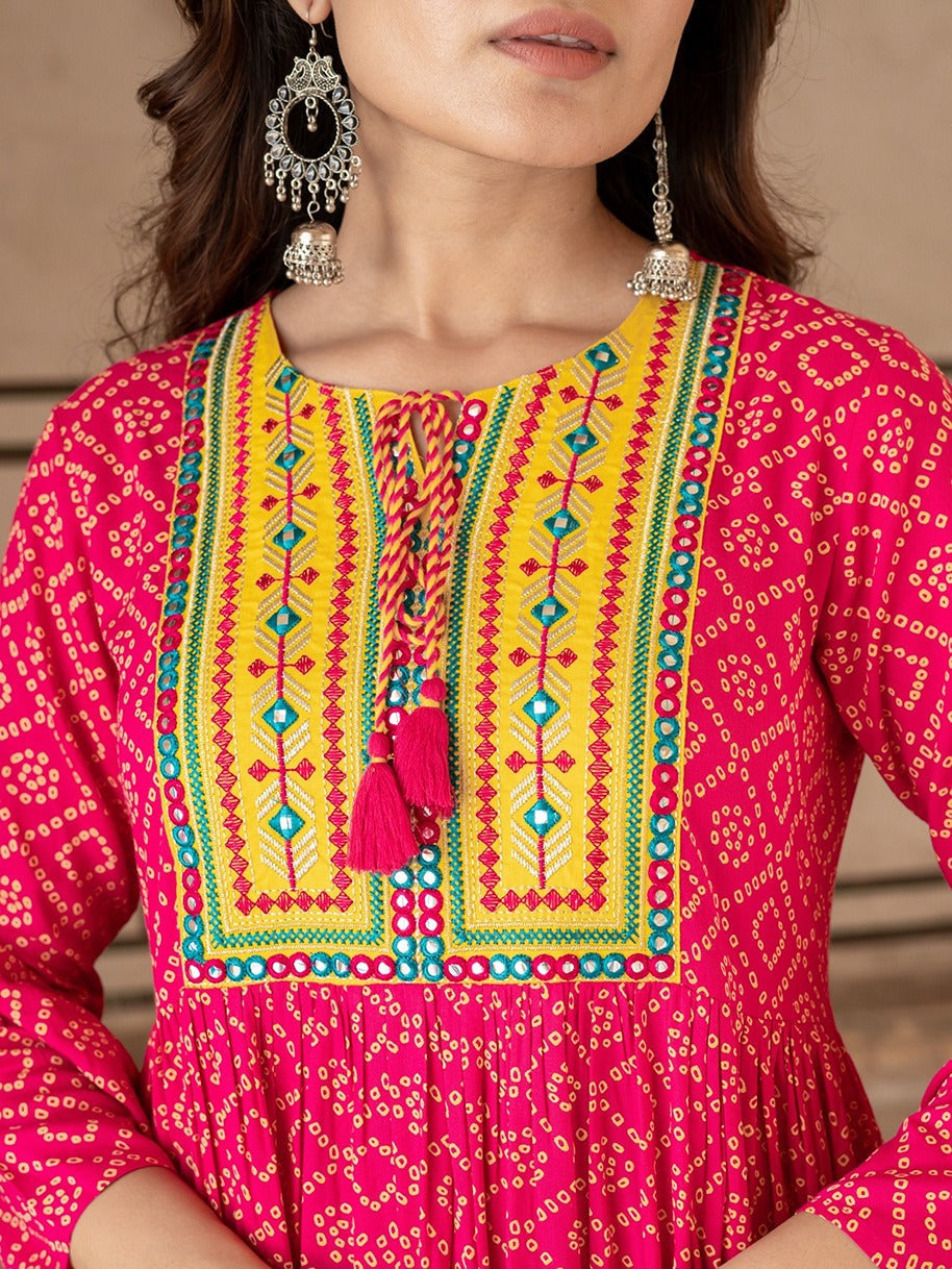 Yufta Pink & Yellow Ethnic Motifs Ethnic Dress - Distacart