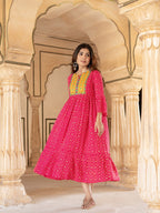 Yufta Pink & Yellow Ethnic Motifs Ethnic Dress - Distacart