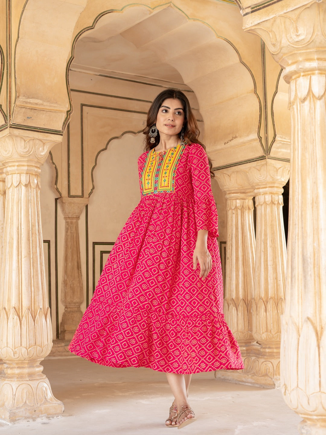 Yufta Pink & Yellow Ethnic Motifs Ethnic Dress - Distacart