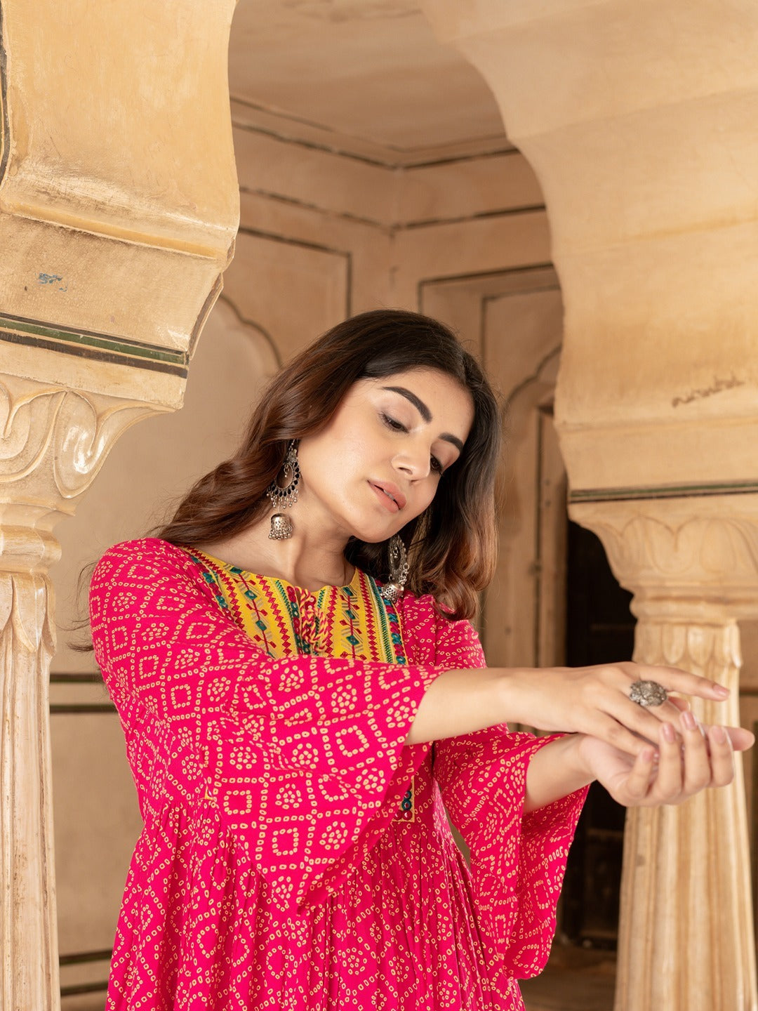 Yufta Pink & Yellow Ethnic Motifs Ethnic Dress - Distacart