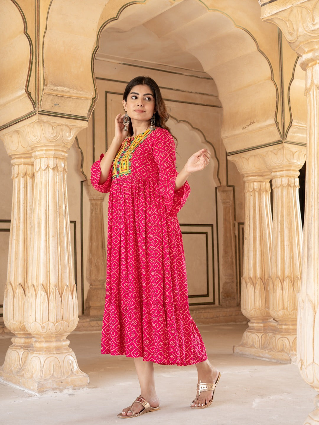 Yufta Pink & Yellow Ethnic Motifs Ethnic Dress - Distacart
