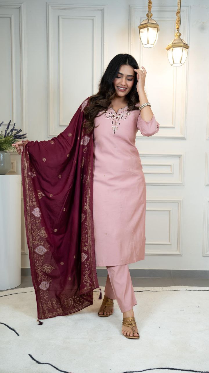 Lorenvalley Fashion Pink Roman Silk Hand Work Kurta Pant with Dupatta - Distacart