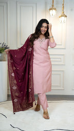 Lorenvalley Fashion Pink Roman Silk Hand Work Kurta Pant with Dupatta - Distacart