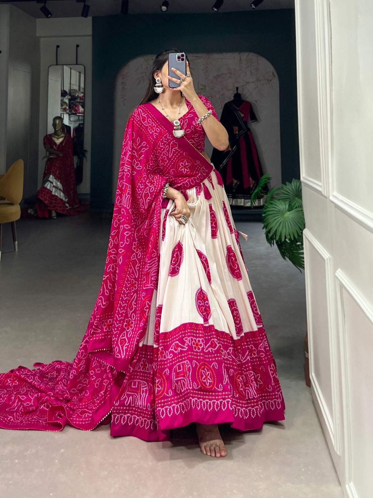 Lorenvalley Pink Tussar Silk with Bandhej Print Lehenga Choli