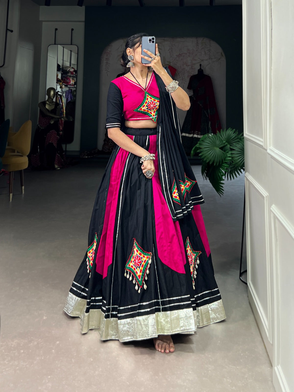 Lorenvalley Pink and Black Plain With Gamthi Patch Work & Gota Patti Lace also cowrie (kodi) lace touch up Lehenga Choli