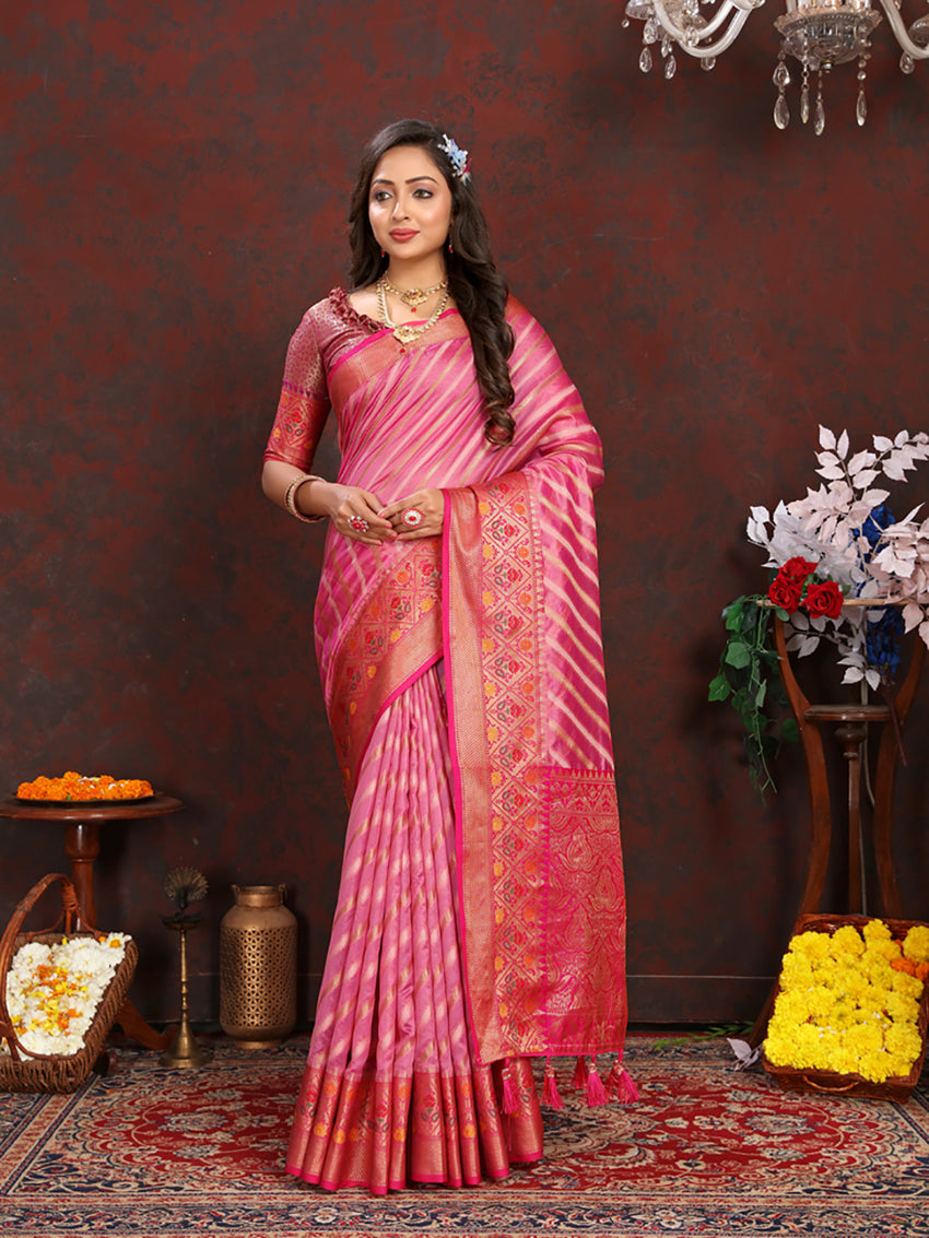 Lorenvalley Fashion Pink Organza Silk Woven Design with Rich Meenakari Weaving Pallu Saree