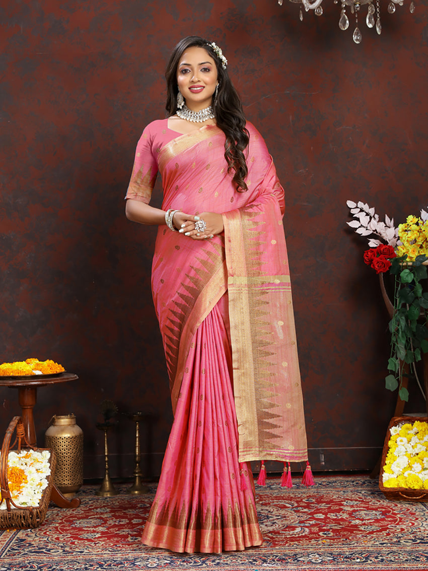 Lorenvalley Fashion Pink Soft Katan Silk Woven Design Zari Weaving Pallu Saree