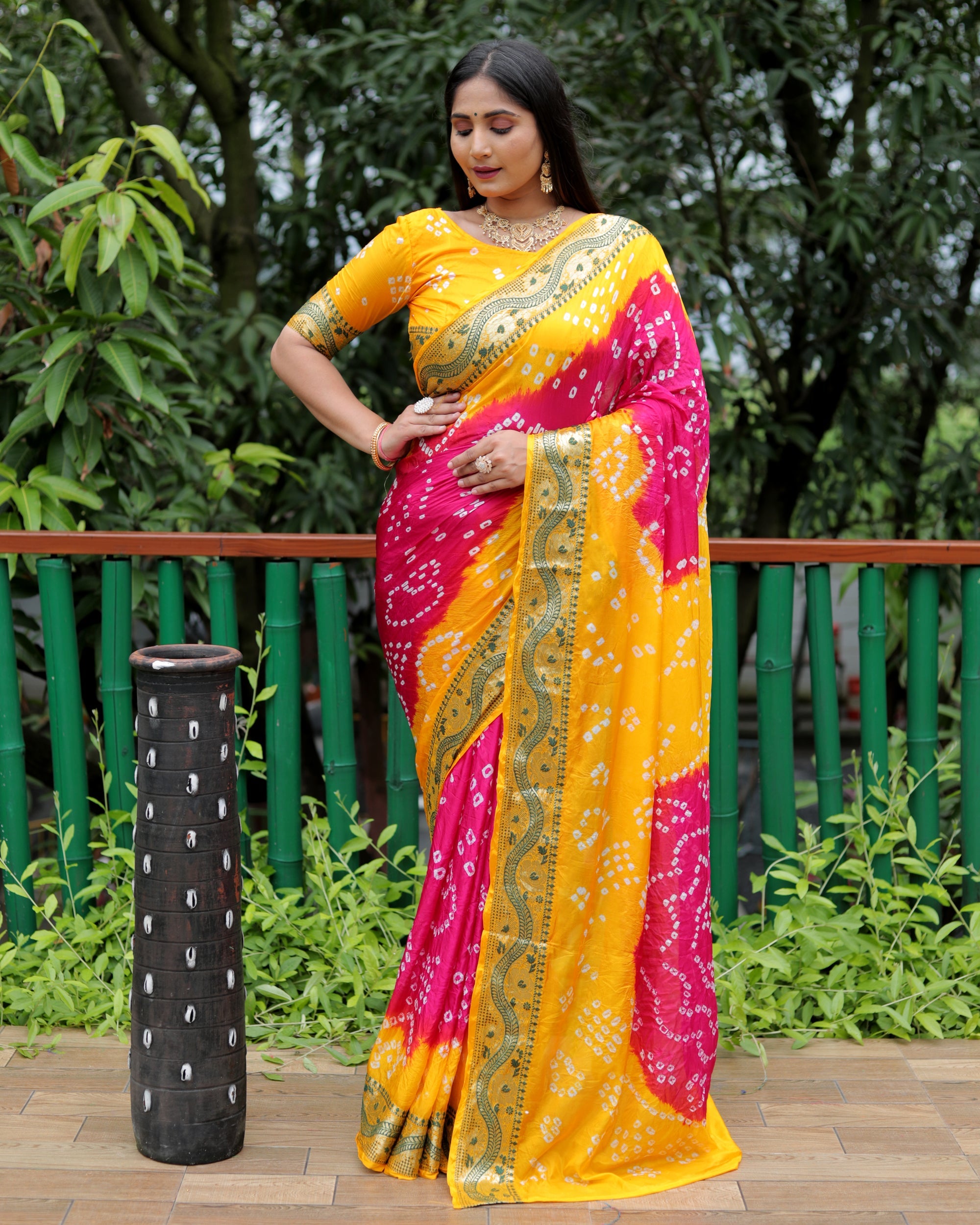 Lorenvalley Premium Pure Bandhej Tapeta Soft light weight silk saree with zari weaving Border - Multicolor