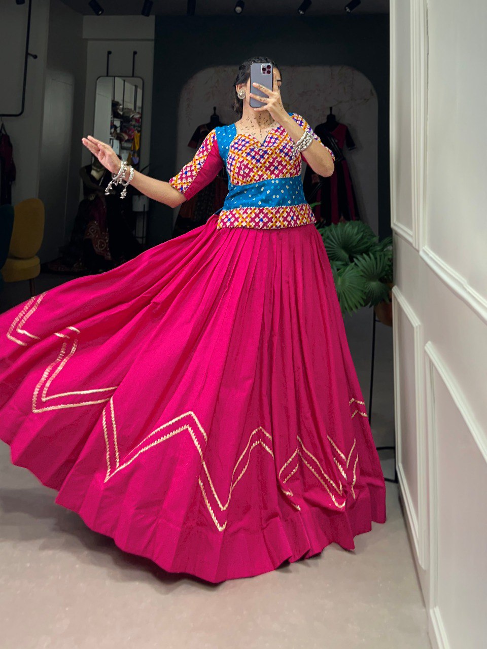 Lorenvalley Pink Pure Cotton Plain With Gota Patti Touch Up Lehenga Choli