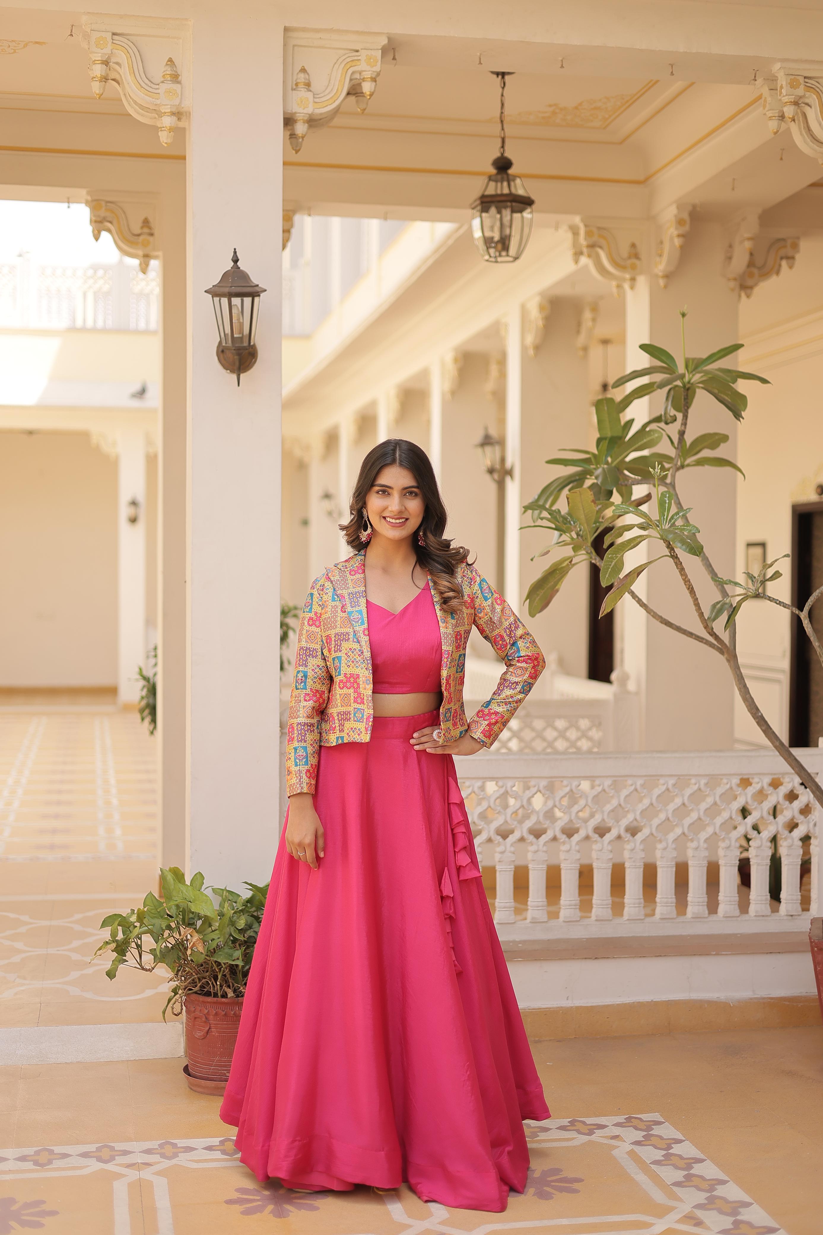 Lorenvalley Pink Premium Chinnon Lehenga Choli with Jacquard Woven Design Koti