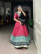 Lorenvalley Pink Rayon with Bandhej And Ajarakh Print With Embossed Design Gota Lace Touch up Lehenga Choli