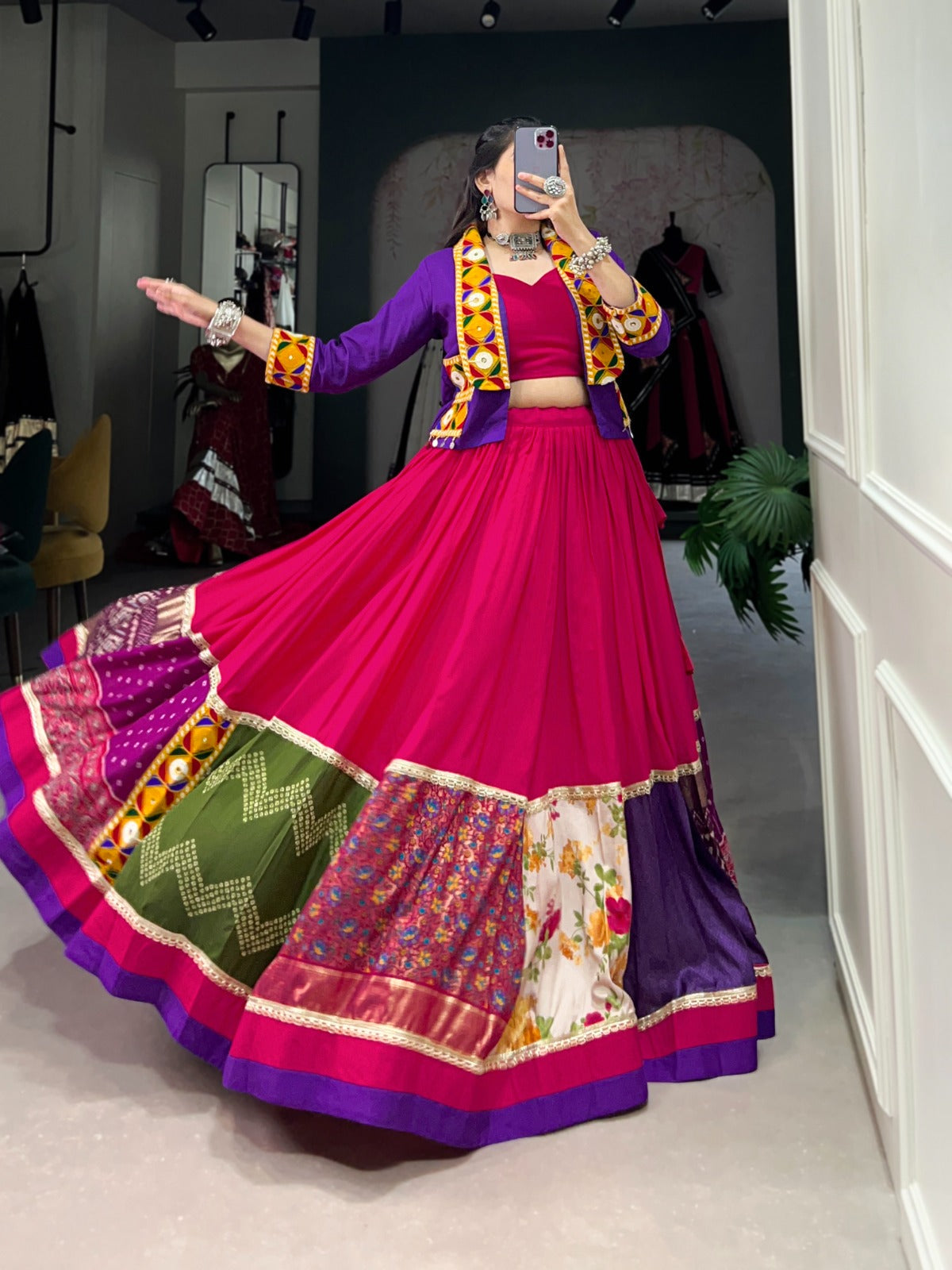 Lorenvalley Pink Pure Rayon with Plain With Printed And Gamthi Patch Work With Lace Touch Up Lehenga Choli
