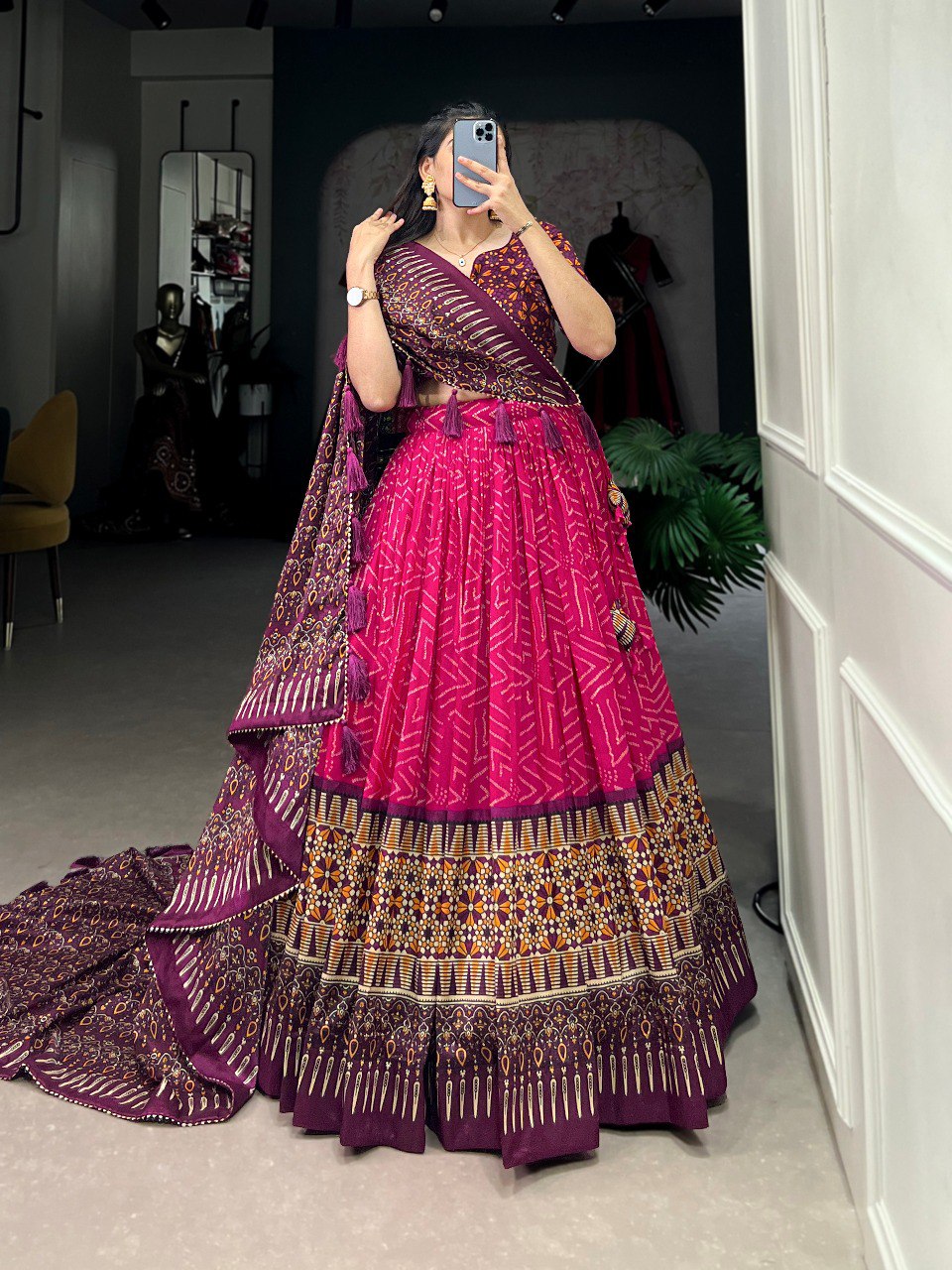 Lorenvalley Pink Tussar Silk Bandhej And Ajarakh Print Lehenga Choli with Dupatta