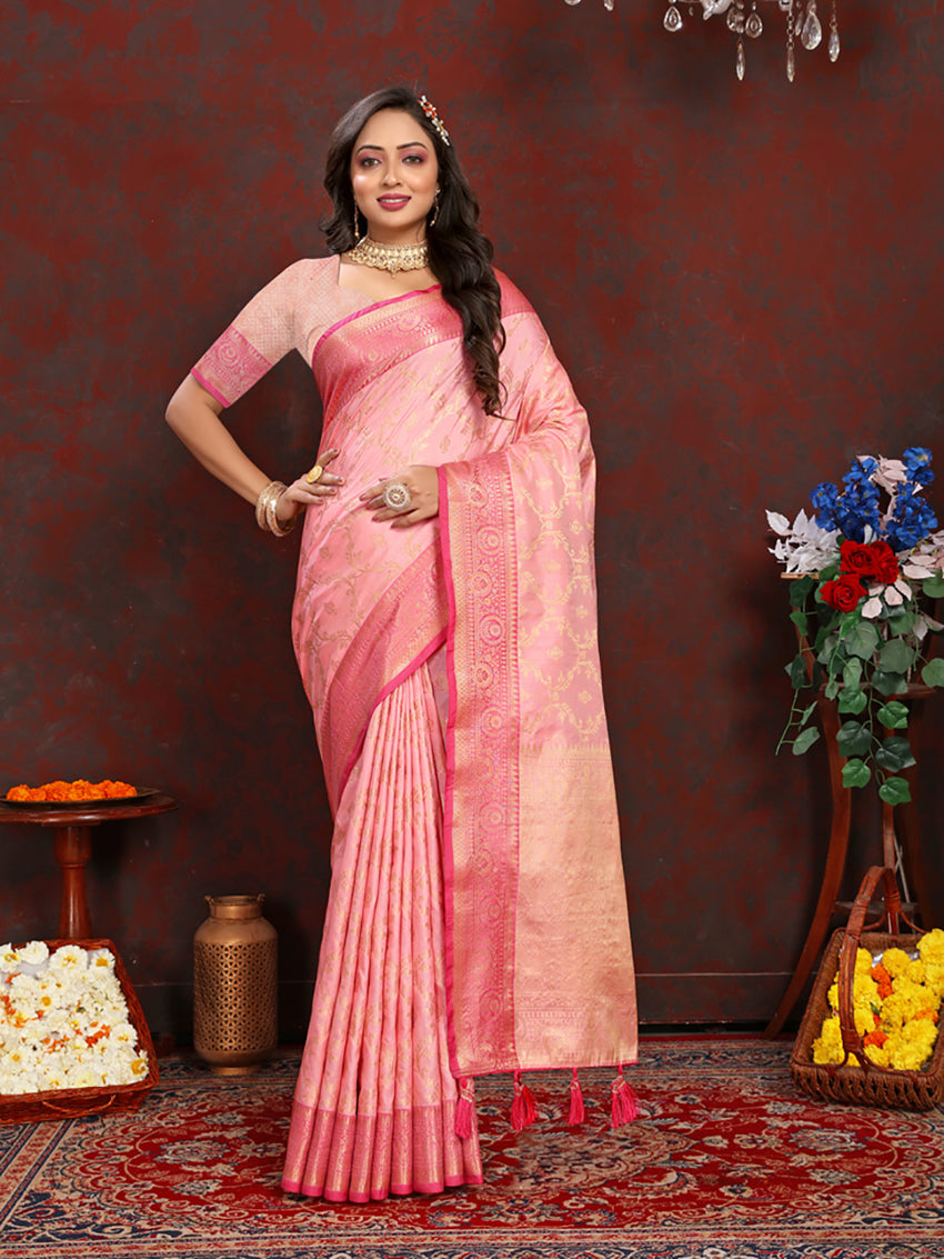 Lorenvalley Fashion Pink Soft Katan Silk Woven Design Zari Weaving Pallu Saree