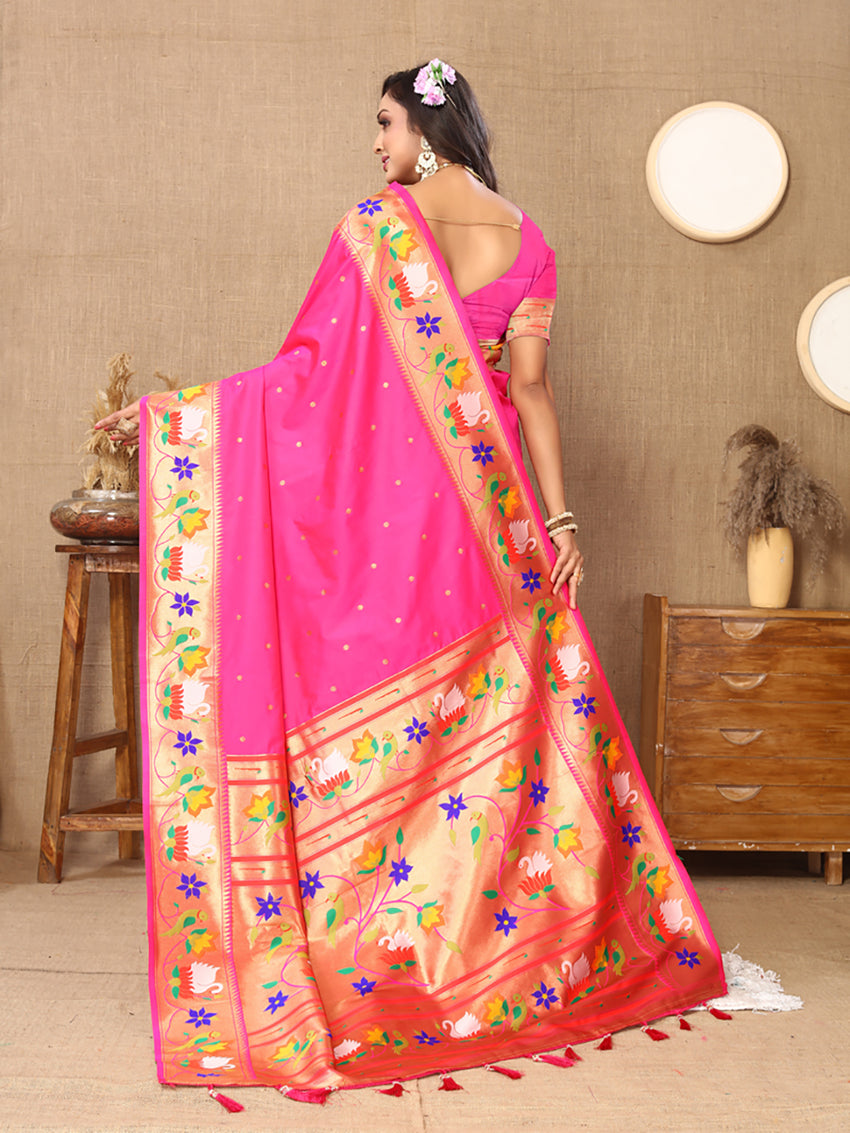 Lorenvalley Fashion Pink Soft Paithani Silk Woven Design Rich Zari Meenakari Weaving Saree