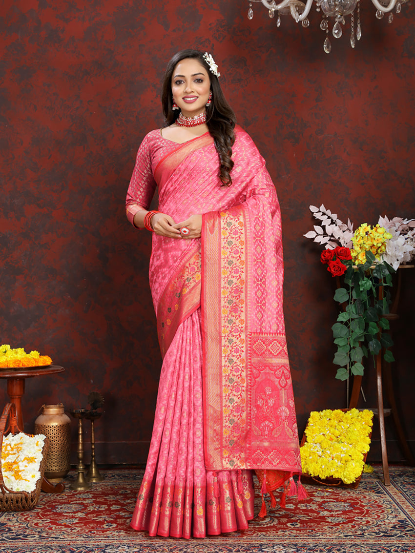 Lorenvalley Fashion Pink Organza Silk Woven Design with Rich Meenakari Weaving Pallu Saree
