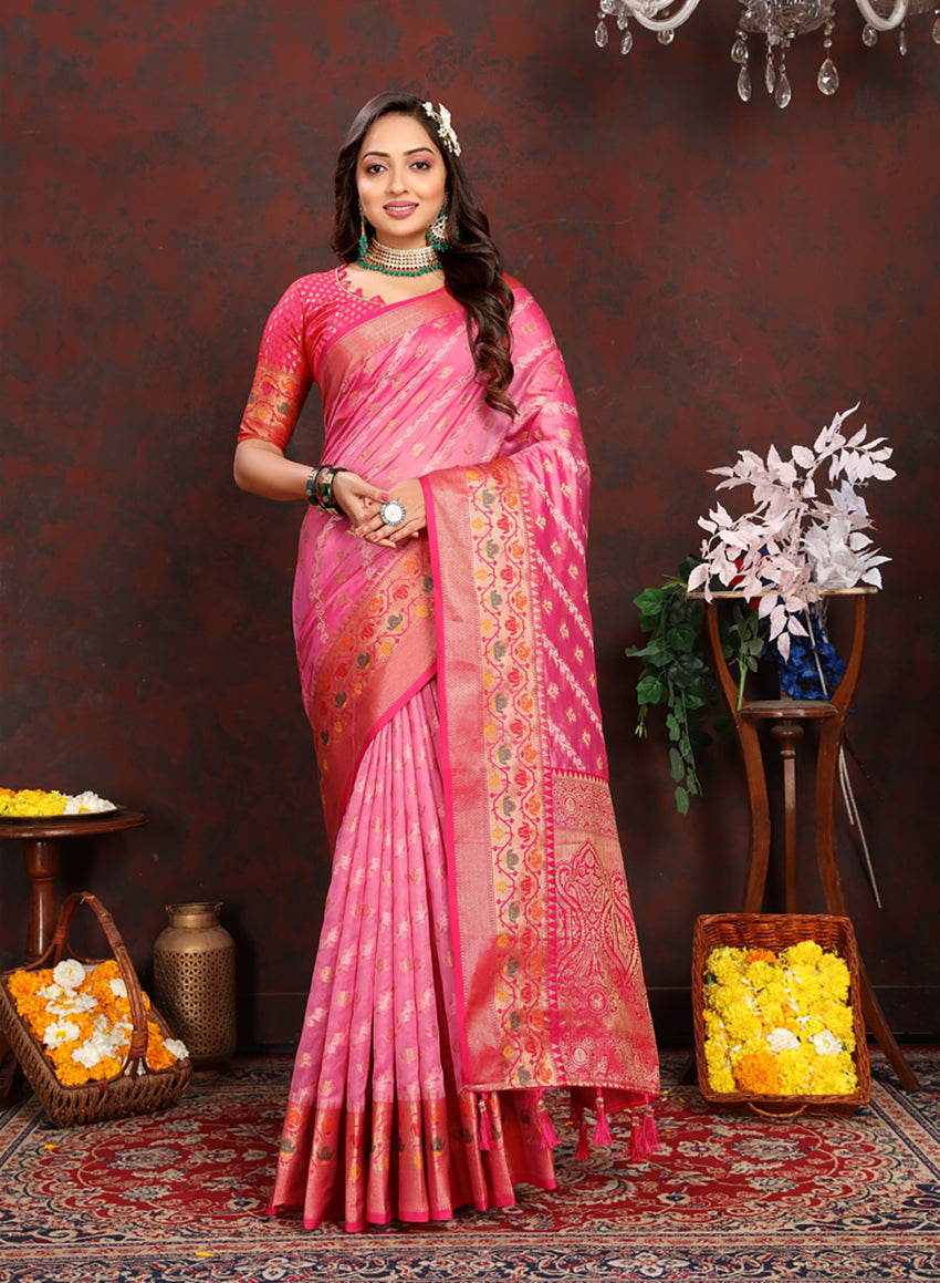 Lorenvalley Fashion Pink Organza Silk Woven Design with Rich Meenakari Weaving Pallu Saree