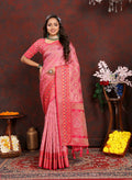 Lorenvalley Fashion Pink Organza Silk Woven Design with Rich Meenakari Weaving Pallu Saree