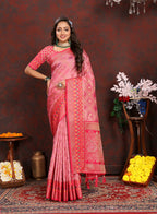 Lorenvalley Fashion Pink Organza Silk Woven Design with Rich Meenakari Weaving Pallu Saree