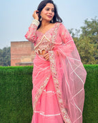 Evanik Pink Net Embroidery work Saree with Moti Hand work Blouse