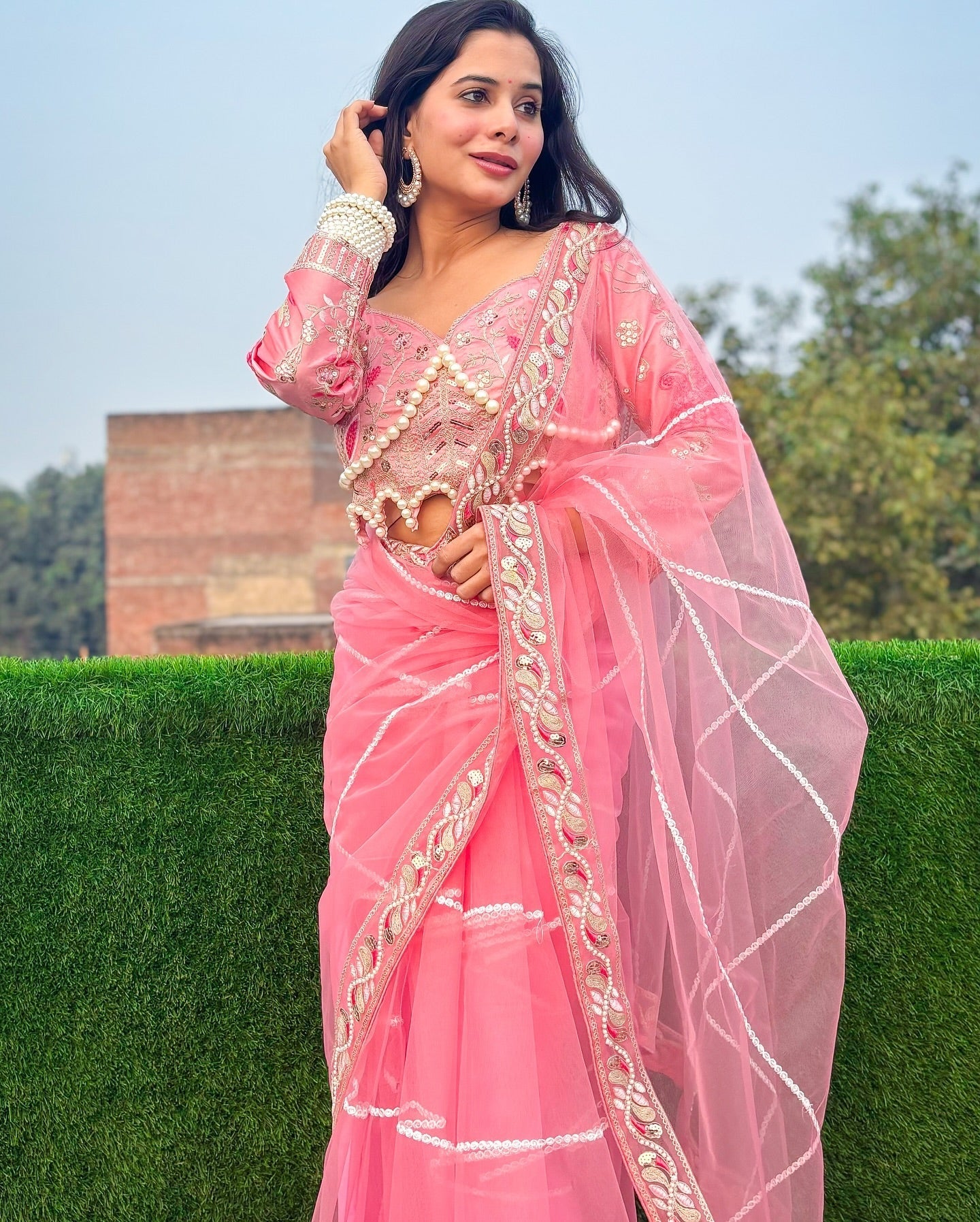 Evanik Pink Net Embroidery work Saree with Moti Hand work Blouse