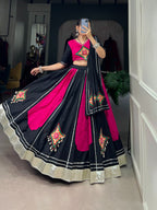 Lorenvalley Pink and Black Plain With Gamthi Patch Work & Gota Patti Lace also cowrie (kodi) lace touch up Lehenga Choli