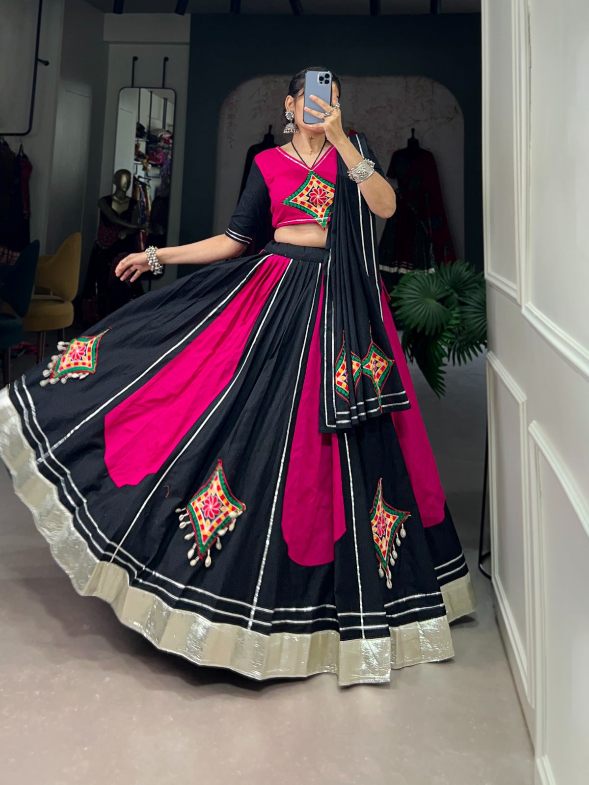 Lorenvalley Pink and Black Plain With Gamthi Patch Work & Gota Patti Lace also cowrie (kodi) lace touch up Lehenga Choli