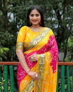 Lorenvalley Premium Pure Bandhej Tapeta Soft light weight silk saree with zari weaving Border - Multicolor