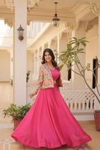 Lorenvalley Pink Premium Chinnon Lehenga Choli with Jacquard Woven Design Koti