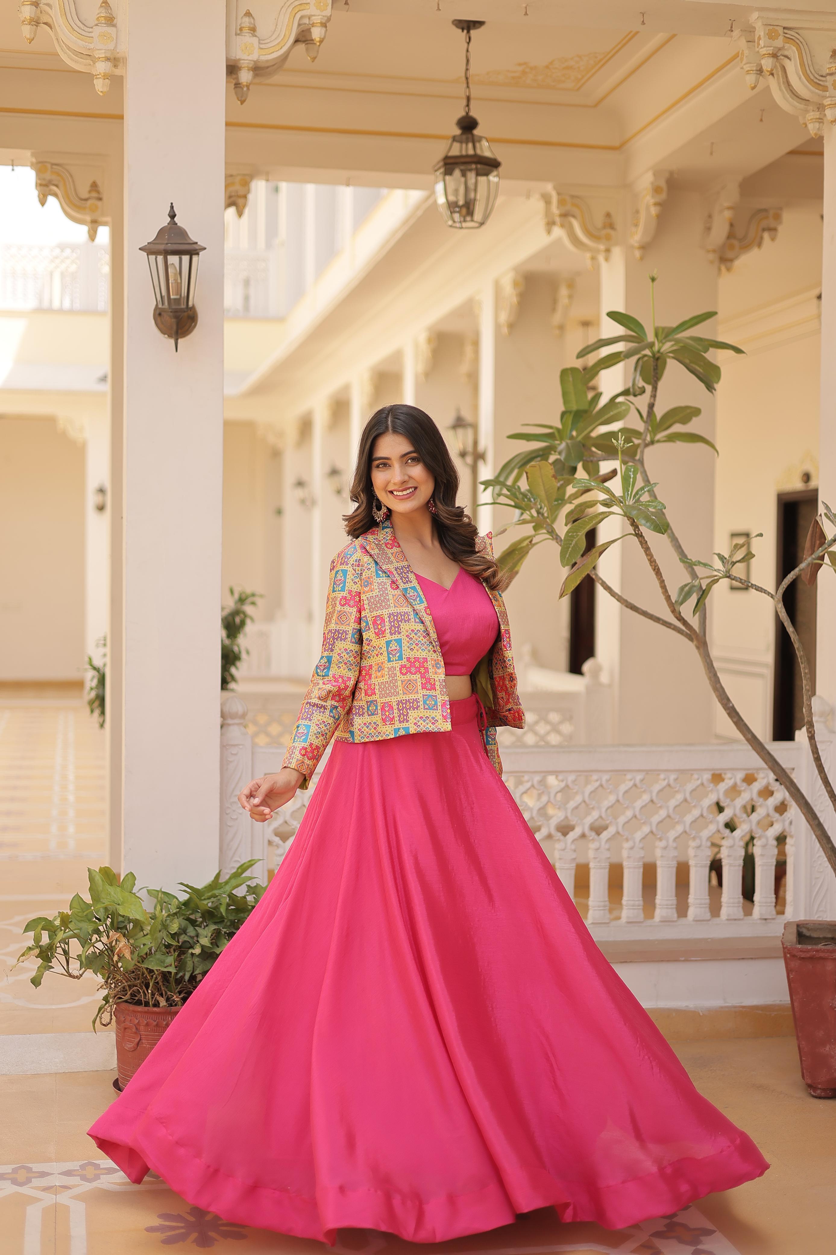 Lorenvalley Pink Premium Chinnon Lehenga Choli with Jacquard Woven Design Koti