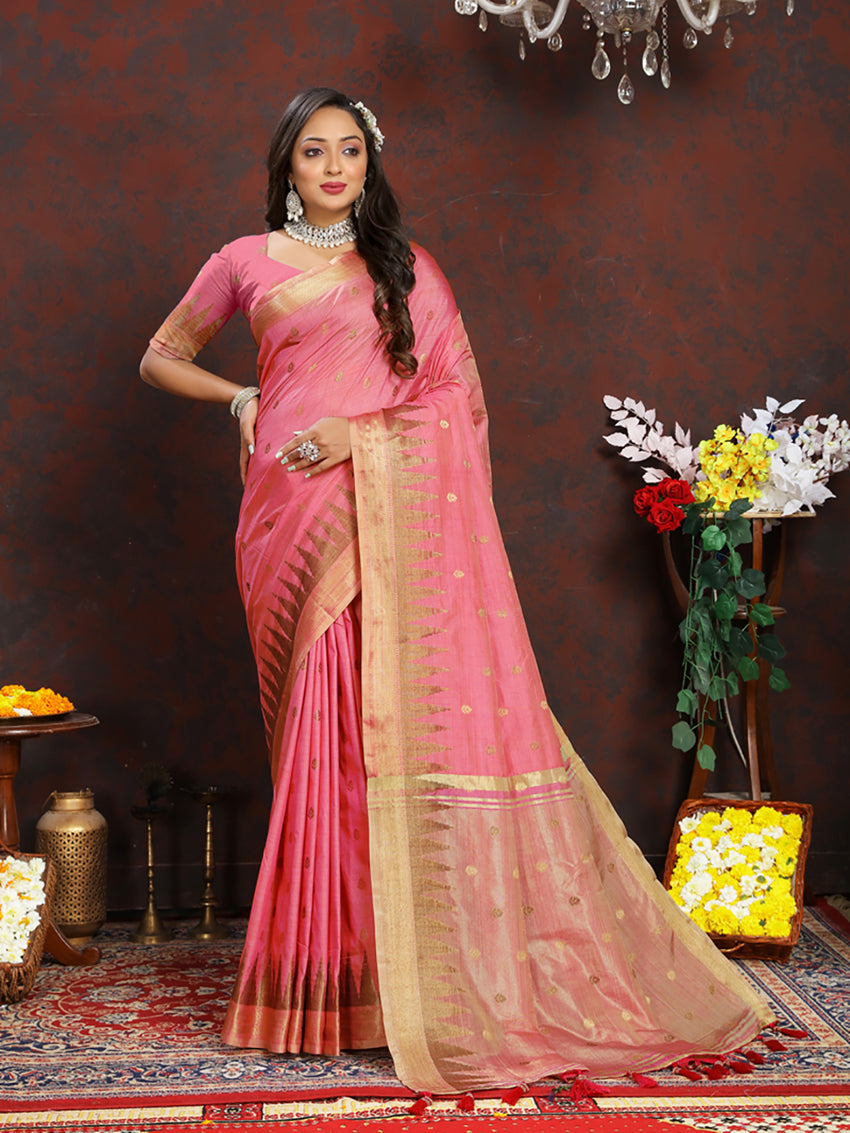 Lorenvalley Fashion Pink Soft Katan Silk Woven Design Zari Weaving Pallu Saree