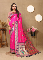 Lorenvalley Fashion Pink Soft Paithani Silk Woven Design Rich Meenakari Zari Weaving Pallu Saree