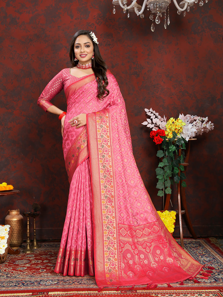 Lorenvalley Fashion Pink Organza Silk Woven Design with Rich Meenakari Weaving Pallu Saree