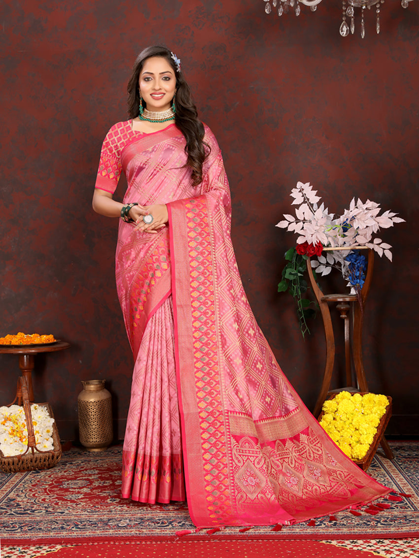Lorenvalley Fashion Pink Organza Silk Woven Design with Rich Meenakari Weaving Pallu Saree