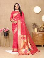 Lorenvalley Fashion Pink Soft Paithani Silk Woven Design Rich Zari Meenakari Weaving Saree
