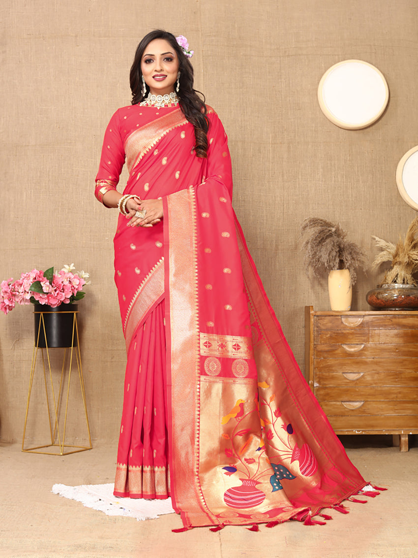 Lorenvalley Fashion Pink Soft Paithani Silk Woven Design Rich Zari Meenakari Weaving Saree
